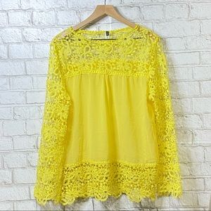 Women long sleeved chiffon hollow flower Yellow Lace Blouse Crochet Size XL US